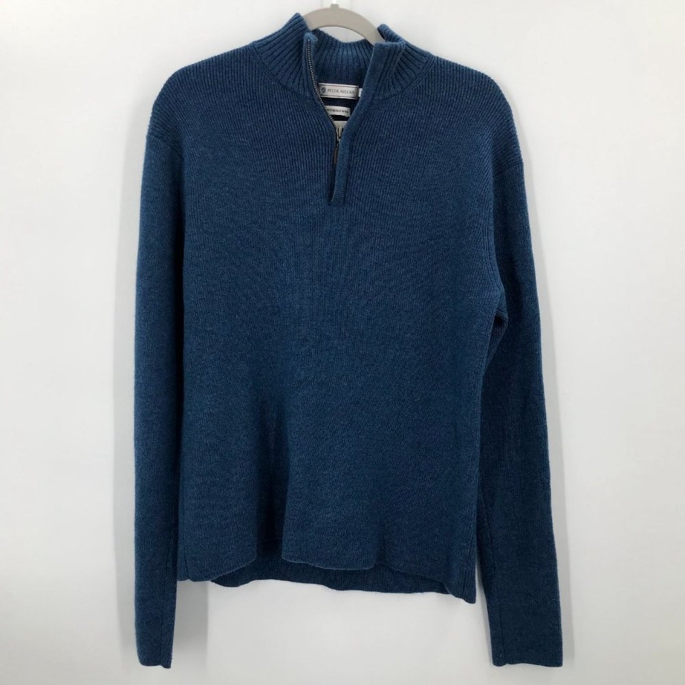Peter Millar Crown Merino Wool 1/4 Zip Long Sleeve Sweater Mens L Blue